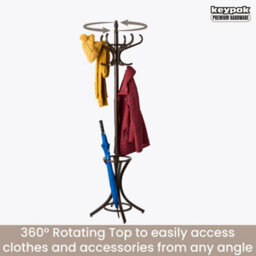 Keypak Wooden Hat & Coat Stand With Umbrella Holder 185Cm, 12 Hooks Freestanding Coat Rack, Rotating Top Tier, Walnut Effect - thumbnail 5