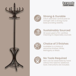 Keypak Wooden Hat & Coat Stand With Umbrella Holder 185Cm, 12 Hooks Freestanding Coat Rack, Rotating Top Tier, Walnut Effect - thumbnail 2
