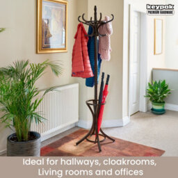 Keypak Wooden Hat & Coat Stand With Umbrella Holder 185Cm, 12 Hooks Freestanding Coat Rack, Rotating Top Tier, Walnut Effect - thumbnail 4