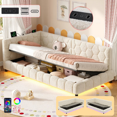 Btm 3Ft Single Boucle Ottoman Storage Bed With Hydraulic Lift Rgb Led Lights Charging Station Hexagon Headboard Beige No Mattress - image 1