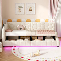 Btm 3Ft Single Boucle Ottoman Storage Bed With Hydraulic Lift Rgb Led Lights Charging Station Hexagon Headboard Beige No Mattress - thumbnail 5
