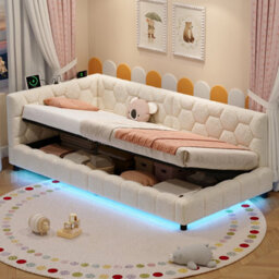 Btm 3Ft Single Boucle Ottoman Storage Bed With Hydraulic Lift Rgb Led Lights Charging Station Hexagon Headboard Beige No Mattress - thumbnail 4