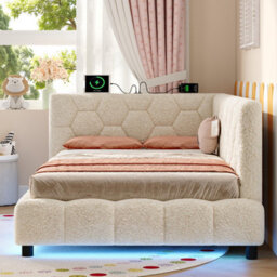 Btm 3Ft Single Boucle Ottoman Storage Bed With Hydraulic Lift Rgb Led Lights Charging Station Hexagon Headboard Beige No Mattress - thumbnail 6
