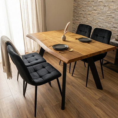 Doubs Dining Set With 4 Chairs 120Cm Natural Wood Dining Table Set With 4 Black Velvet Chairs - image 1