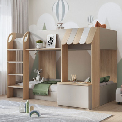 Babyfair Bunk Bed With Storage, Shop-Front Design, Built-In Shelves & Desk, Ladder, Neutral Finish - image 1