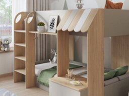 Babyfair Bunk Bed With Storage, Shop-Front Design, Built-In Shelves & Desk, Ladder, Neutral Finish - thumbnail 4