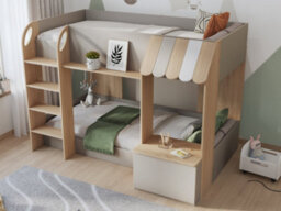 Babyfair Bunk Bed With Storage, Shop-Front Design, Built-In Shelves & Desk, Ladder, Neutral Finish - thumbnail 3