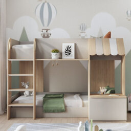 Babyfair Bunk Bed With Storage, Shop-Front Design, Built-In Shelves & Desk, Ladder, Neutral Finish - thumbnail 2
