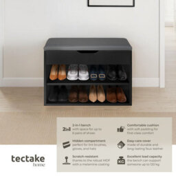 Tectake Shoe Rack Jasmina - Bench With Cushion, 2 Shelves For 6 Pairs Of Shoes, Hinged Lid - 60 Cm - Black - thumbnail 2