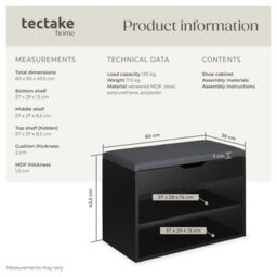 Tectake Shoe Rack Jasmina - Bench With Cushion, 2 Shelves For 6 Pairs Of Shoes, Hinged Lid - 60 Cm - Black - thumbnail 6