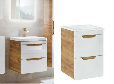 Impact Furniture Vanity Unit With Basin 500mm Bathroom Sink Cabinet With Drawers Wall Hung White Gloss Oak Compact Narrow Slim Aruba - image 1