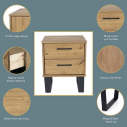 Core Products Texas 2 Drawer Bedside Cabinet - Antique Wax With Black Metal Skid Legs, H57.0Cm X W45.0Cm X D39.5 - thumbnail 8