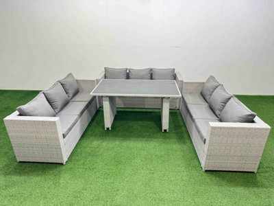 Fimous Patio Outdoor Garden Furniture Sets With Black Glass Top Dining Table 3 Seater Sofa 2 Side Tables Light Grey - image 1