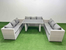 Fimous Patio Outdoor Garden Furniture Sets With Black Glass Top Dining Table 3 Seater Sofa 2 Side Tables Light Grey