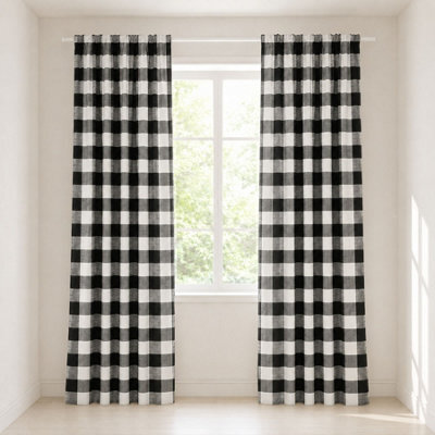 "Smart Living Gingham Check Curtains Pair With Tie Backs - Classic Checked Print- Black - 66""x72""" - image 1