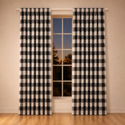 "Smart Living Gingham Check Curtains Pair With Tie Backs - Classic Checked Print- Black - 66""x72""" - thumbnail 2