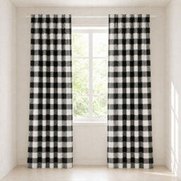 "Smart Living Gingham Check Curtains Pair With Tie Backs - Classic Checked Print- Black - 66""x72""" - thumbnail 1