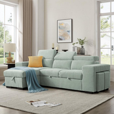 Home Detail Azalea Sofa With Chaise And Pull-Out Sofa Bed, Mint Green Cord - image 1