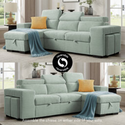 Home Detail Azalea Sofa With Chaise And Pull-Out Sofa Bed, Mint Green Cord - thumbnail 7