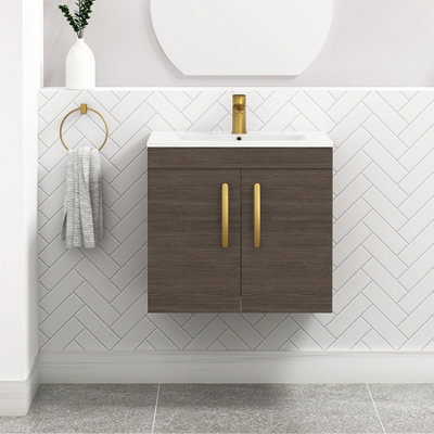 Royal Bathrooms Turin Grey Elm 600mm Wall Hung Vanity Unit 2 Door With Minimalist Basin Sink & Brushed Brass Handles - image 1