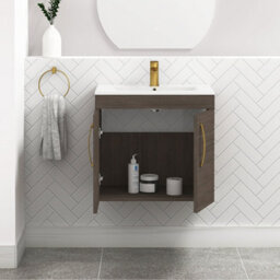 Royal Bathrooms Turin Grey Elm 600mm Wall Hung Vanity Unit 2 Door With Minimalist Basin Sink & Brushed Brass Handles - thumbnail 5