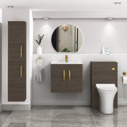 Royal Bathrooms Turin Grey Elm 600mm Wall Hung Vanity Unit 2 Door With Minimalist Basin Sink & Brushed Brass Handles - thumbnail 2