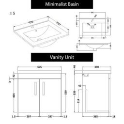 Royal Bathrooms Turin Grey Elm 600mm Wall Hung Vanity Unit 2 Door With Minimalist Basin Sink & Brushed Brass Handles - thumbnail 8