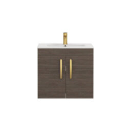 Royal Bathrooms Turin Grey Elm 600mm Wall Hung Vanity Unit 2 Door With Minimalist Basin Sink & Brushed Brass Handles - thumbnail 6