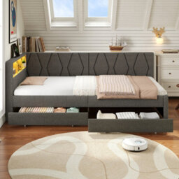 Btm 3Ft Daybed  2 Drawers, Led Storage Bed Frame With Charging Station, Linen Sofa Bed, Grey - thumbnail 4