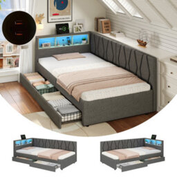 Btm 3Ft Daybed  2 Drawers, Led Storage Bed Frame With Charging Station, Linen Sofa Bed, Grey - thumbnail 1