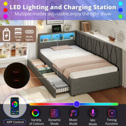 Btm 3Ft Daybed  2 Drawers, Led Storage Bed Frame With Charging Station, Linen Sofa Bed, Grey - thumbnail 7