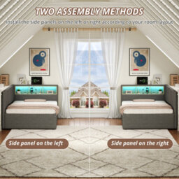 Btm 3Ft Daybed  2 Drawers, Led Storage Bed Frame With Charging Station, Linen Sofa Bed, Grey - thumbnail 8
