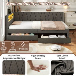 Btm 3Ft Daybed  2 Drawers, Led Storage Bed Frame With Charging Station, Linen Sofa Bed, Grey - thumbnail 9