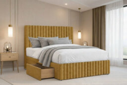 "Nexus Verona Mustard Plush Divan Bed Base 2 Drawers Left Side With 54"" Floor Standing Headboard 12"" Footboard 4'6 Double" - thumbnail 3