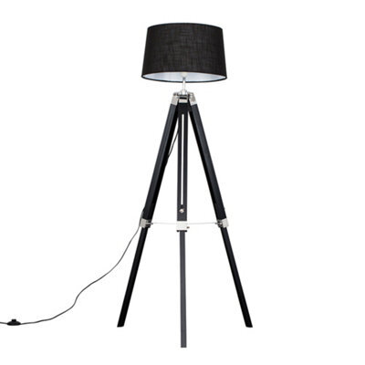 Valuelights Clipper Black Wood And Silver Chrome Tripod Floor Lamp With A Black Tapered Faux Linen Shade - image 1