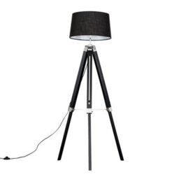 Valuelights Clipper Black Wood And Silver Chrome Tripod Floor Lamp With A Black Tapered Faux Linen Shade
