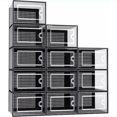 Black 12Pcs Foldable Stackable Plastic Shoe Box - image 1