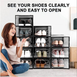 Black 12Pcs Foldable Stackable Plastic Shoe Box - thumbnail 4