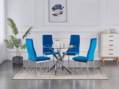 Furnizone UK Nexus 4-Seater 90Cm Round Clear Glass Dining Table And 4 Monza Blue Velvet Chairs - image 1