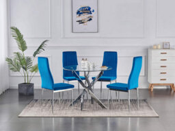 Furnizone UK Nexus 4-Seater 90Cm Round Clear Glass Dining Table And 4 Monza Blue Velvet Chairs