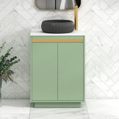 Royal Bathrooms Orion 600mm Mint Sage Floor Standing Plain White Countertop Vanity Unit 2 Door With Milan Black Basin & Brushed Brass Accent Trim - image 1