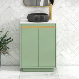 Royal Bathrooms Orion 600mm Mint Sage Floor Standing Plain White Countertop Vanity Unit 2 Door With Milan Black Basin & Brushed Brass Accent Trim