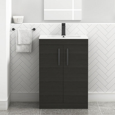 Royal Bathrooms Turin Hale Black 600mm Floor Standing Vanity Unit 2 Door With Minimalist Basin Sink & Matt Black Handles - image 1
