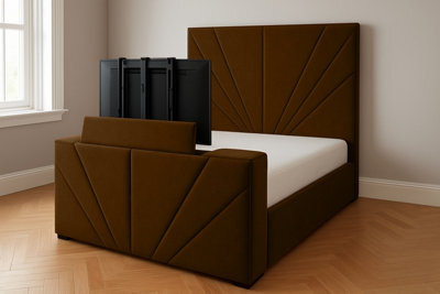 Royal View Velvet Upholstered Smart Tv Bed Frame - Plush Velvet, Brown