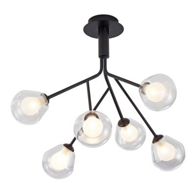 Happy Homewares Modern Designer Matte Black 6-Arm Ceiling Light With Opal And Clear Glass Shades - image 1