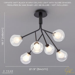 Happy Homewares Modern Designer Matte Black 6-Arm Ceiling Light With Opal And Clear Glass Shades - thumbnail 6