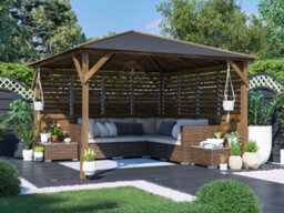 Dunster House Wooden Gazebo Kit Louvre Wall 3M X 3M Pressure Treated Garden Shelter Roof Shingles Utopia - thumbnail 1