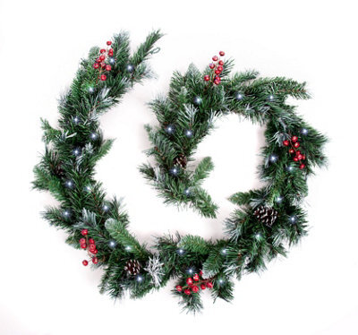 Best Artificial 9Ft Deluxe Frosted Christmas Garland With Pine Cones, Winter Berries Supplied With 80 Bright White Lights - image 1