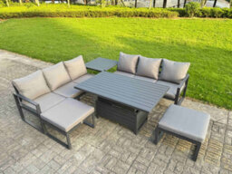 Fimous 6 Pieces Garden Furniture Set Aluminium Adjustable Rising Lifting Dining Table And Sofa Set With Side Table - thumbnail 1