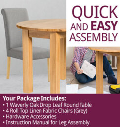 Hallowood Furniture Waverly Drop Leaf Round Table With 4 Roll Top Linen Fabric Dining Chairs (Grey) - thumbnail 7